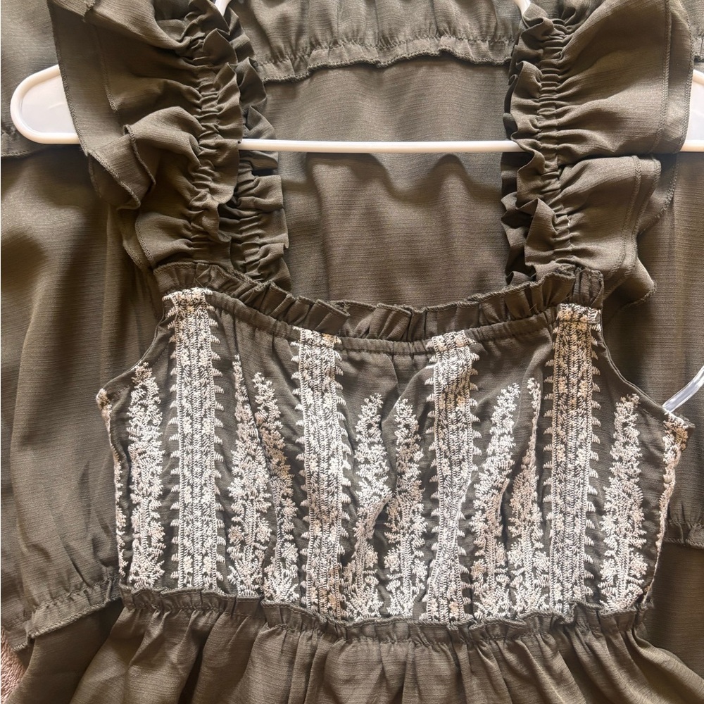 Boho Embroidered Ruffle Strap Tiered Maxi Dress Olive Brown Smocked Back Women - Picture 6 of 6